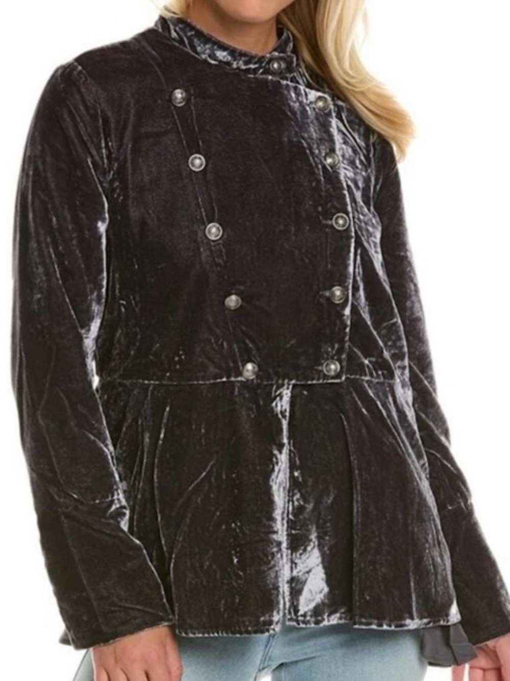 Free People Military Victorian Jacket Goth Dark Gray Velvet Intricate Buttons S